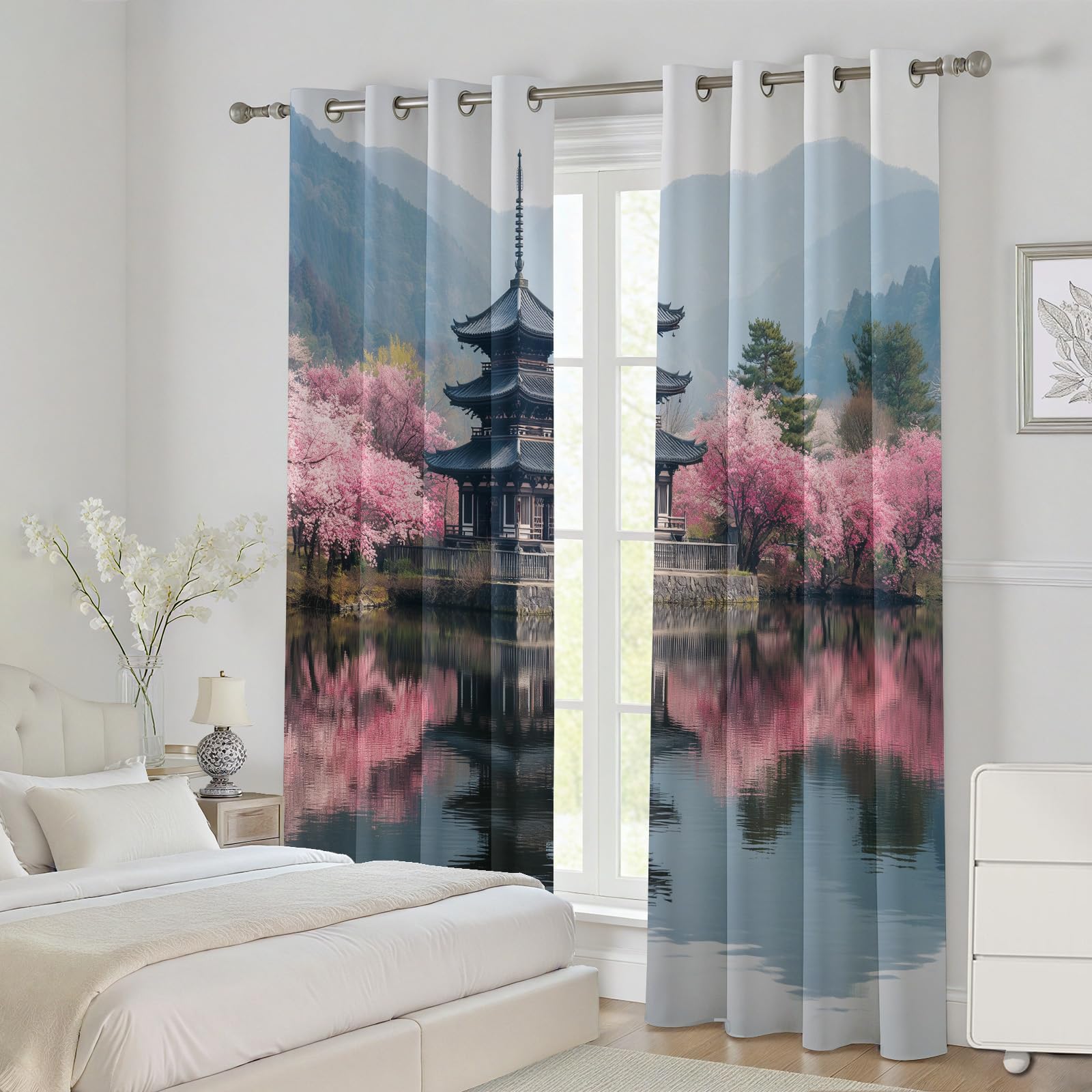 Orientalisch Pagode Verdunkelungsvorhange 2er Set, Asien Natur Landschaft Vorhänge Wohnzimmer 137x117 cm Berg Kirschblüte See Gardine Blickdicht Schallschutz Thermovorhang mit Ösen Fensterdekoration