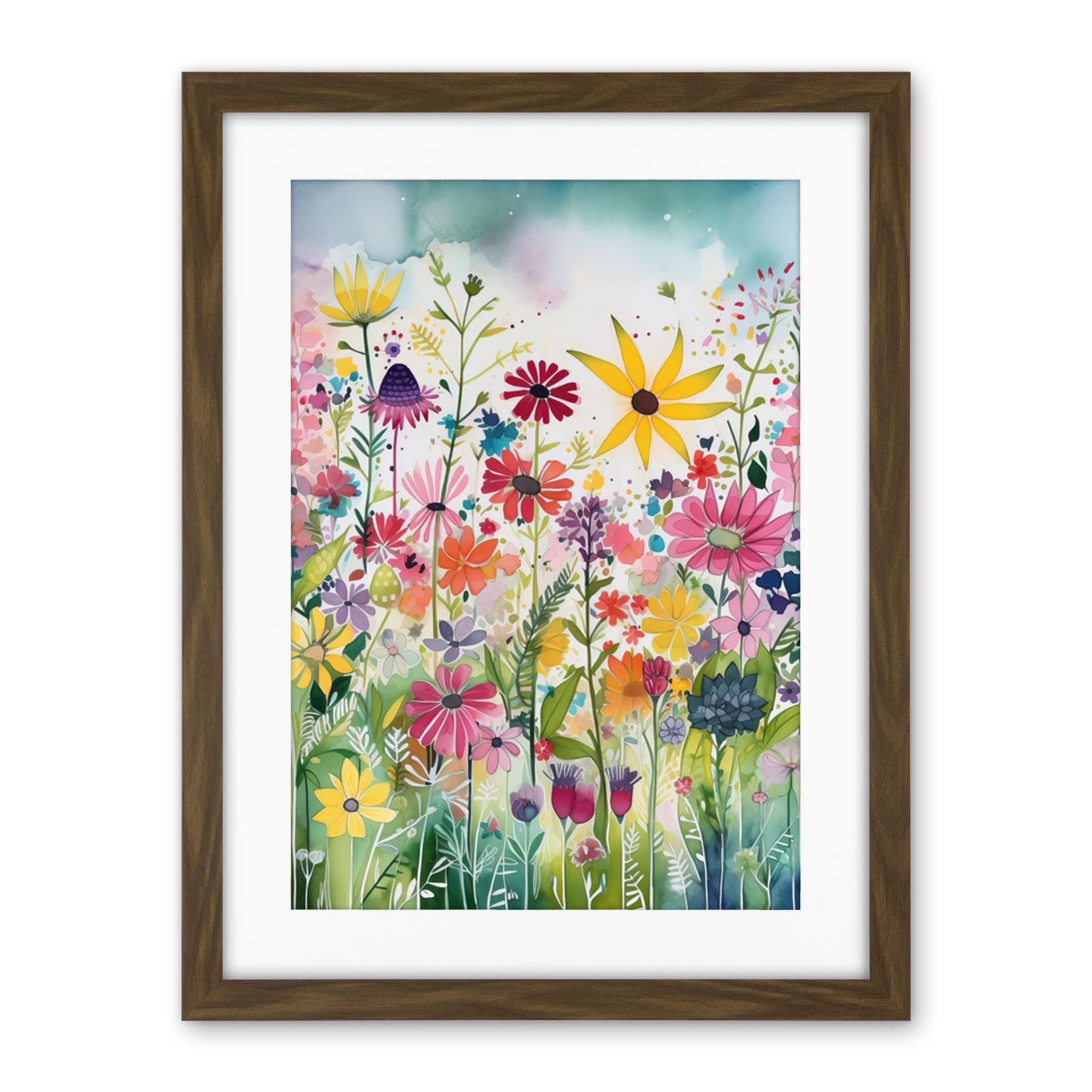 Artery8 Bright Wildflower Floral Blooms Folk Art Artwork Framed Wall Art Print 18X24 Inch