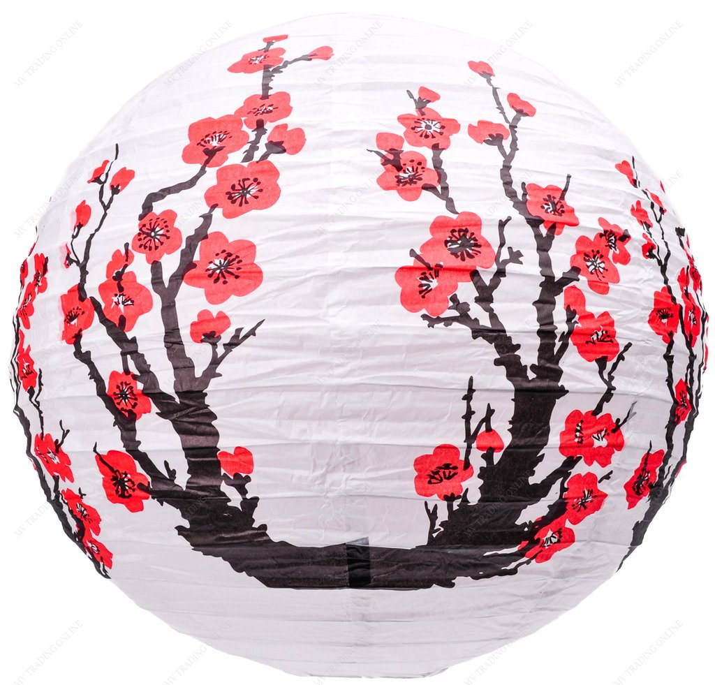M.V. Trading MVA16013 Colorful Chinese/Japanese Round Paper Lanterns with Metal Frame, 16-Inch, White with Red Sakura (Cherry) Flowers