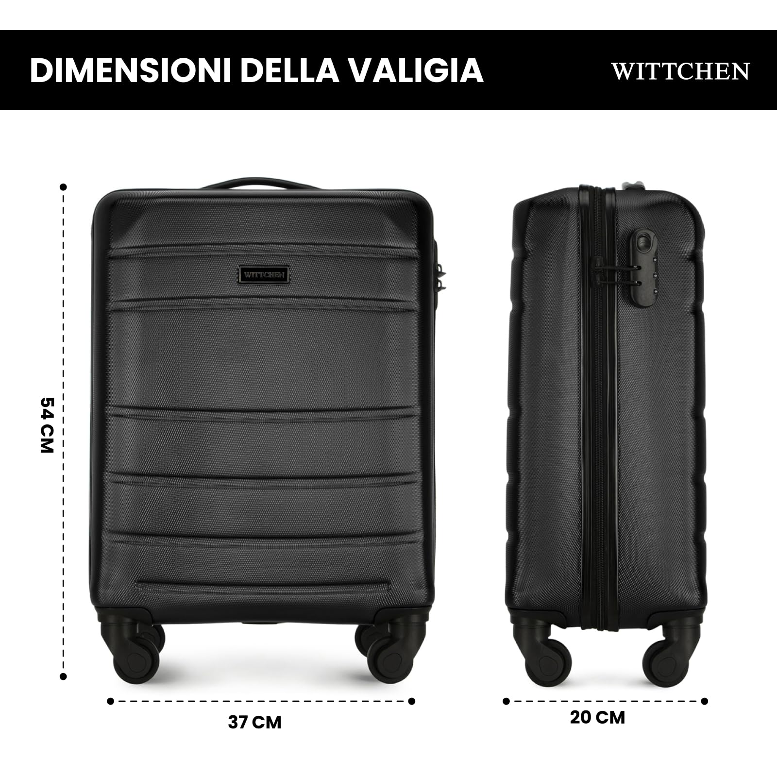 WITTCHEN Valigia da viaggio Bagaglio a mano Valigia da cabina Valigia rigida in ABS con 4 ruote girevoli Serratura a combinazione Maniglia telescopica Globe Line Taglia S Nero Ryanair/ITA Airways