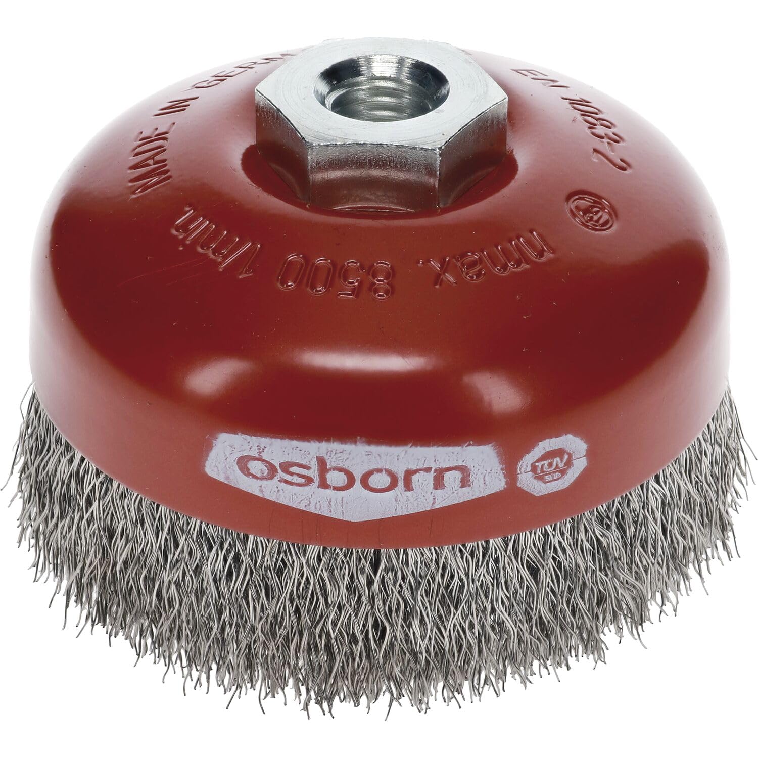 Osborn Topfbürste für Winkelschleifer 180 mm, Durchmesser 100 mm, Gewinde M 14 x 2, gewellter Stahldraht 0,30 mm TÜV geprüft, rot, 2613164