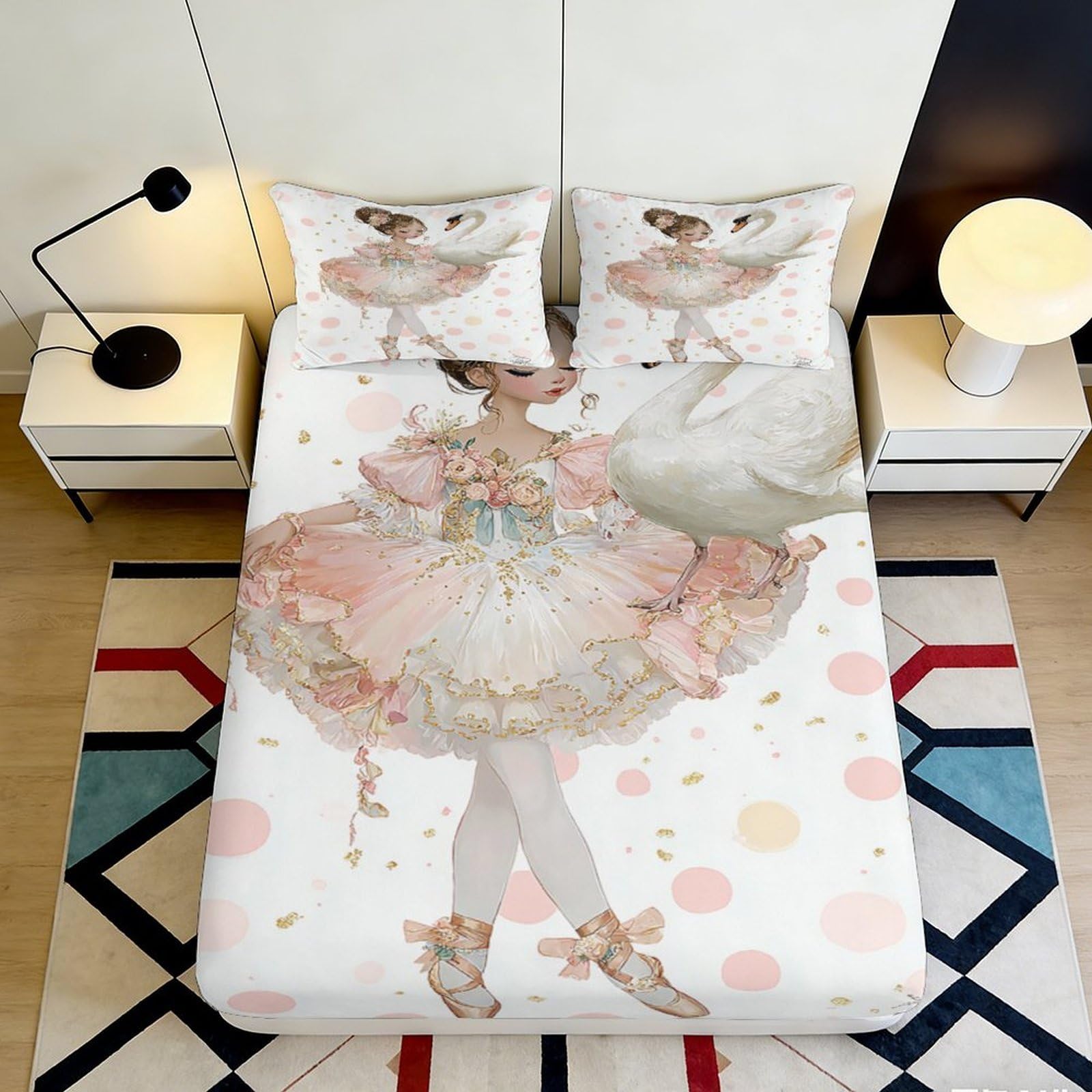 3D Printed Ballerina Swan Fitted Sheet Microfiber Anti-Slip Bed Cover for Bedroom Dorm Mattress Protection Decorative 90x200x25cm