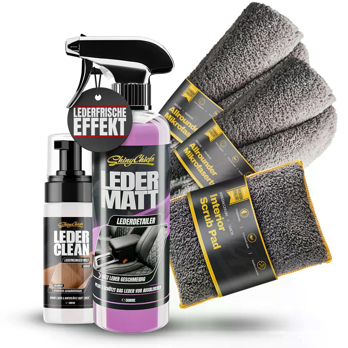 ShinyChiefs Lederpflege Set - 200 ml Leder Clean Schaumreiniger & 500 ml Leder Matt versiegelnde Lederpflege für Autositze & Lenkräder - Polsterreiniger & Anti-Glanz Pflegespray - Inkl. Zubehör