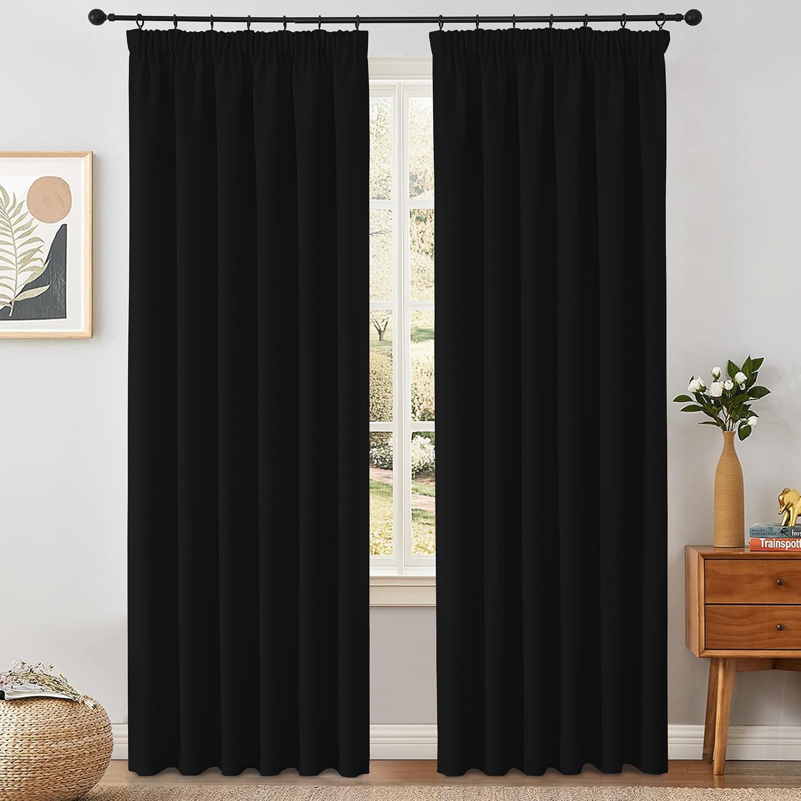 VEHEDE 90 Inch Long Blackout Curtains for Bedroom – Thermal Insulated Pencil Pleat Curtains, W66 x L90 Inch, Black, 2 Panels