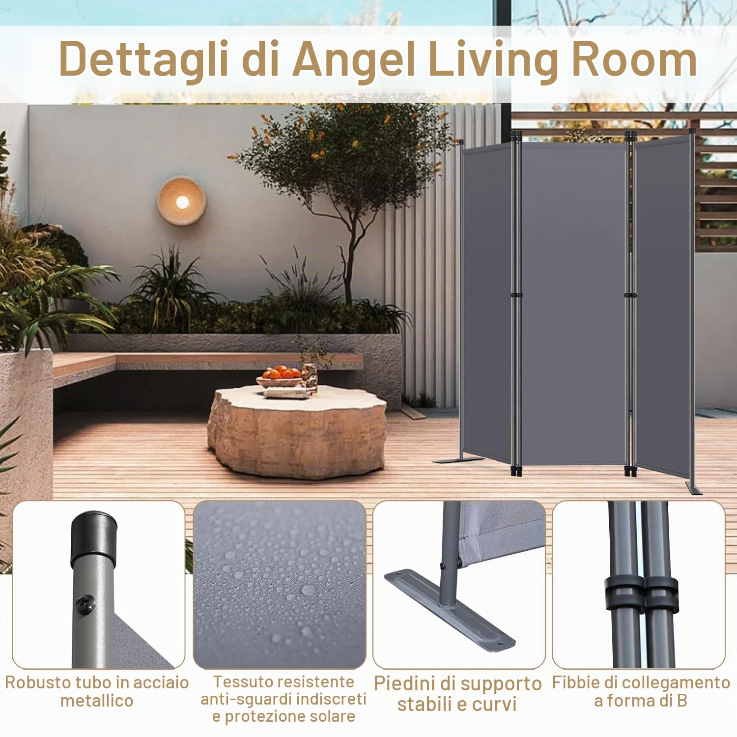 Angel Living Paravento Pieghevole di Design Intelligente, Divisori per Ambienti/Ambienti, Areti Divisorie, Divisori per Privacy (3 Pezzi 168x165 cm, Grigio)