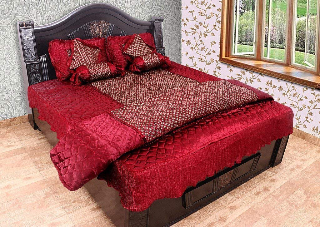 ManavRachit Satin Gold Printed 310 TC Wedding Bedding Set for Home & Living Room (Red, Set of 8pc)(VIP Print)