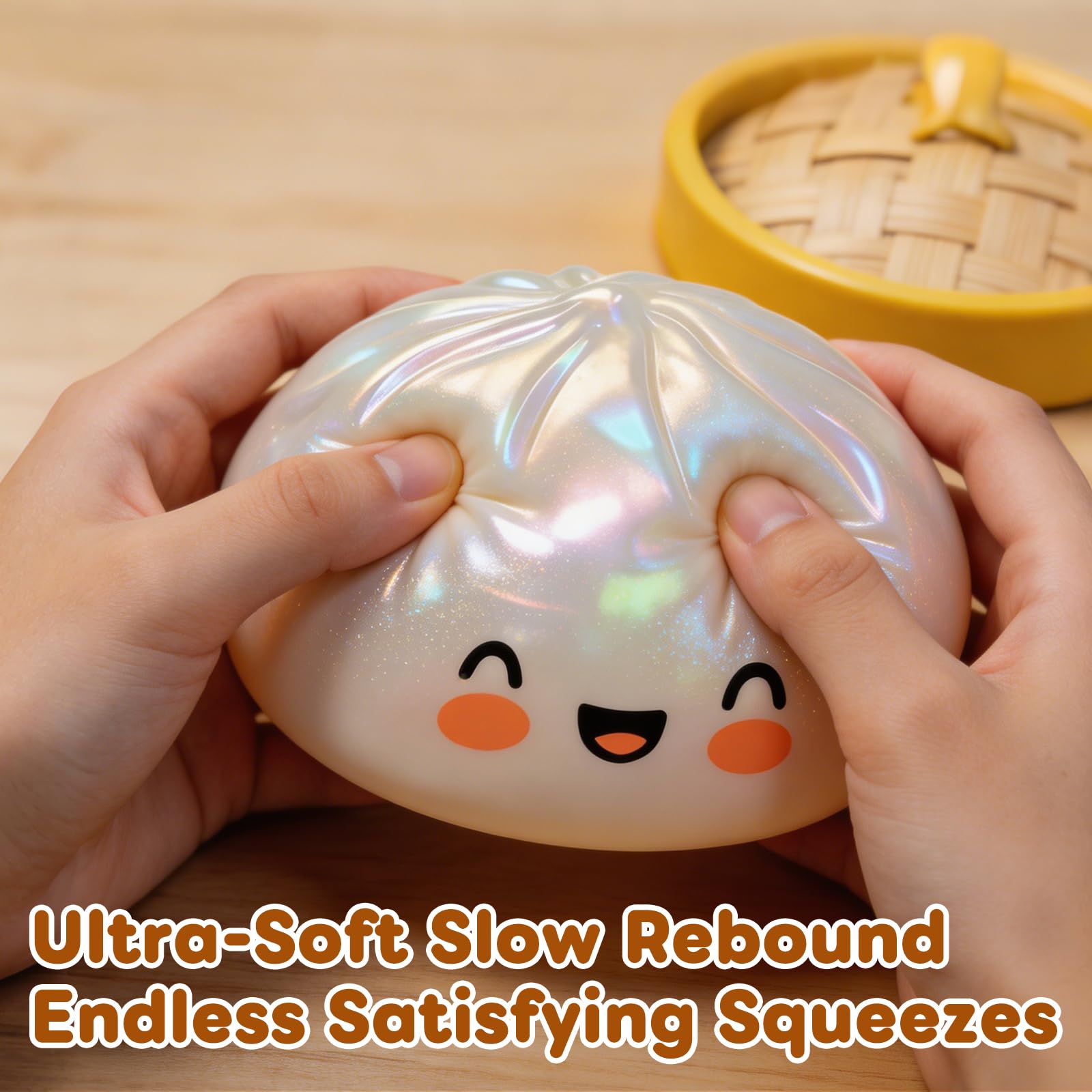 Glitter Dumpling Squishy,Dumpling Squishies,Glitter Dumpling Mystery Box,Colorful Dumpling Stress Balls Fidget,Jumbo Squishy Toy with Steamer Box,Soft Squeeze Decompression Dough (Glitter White) — view 2