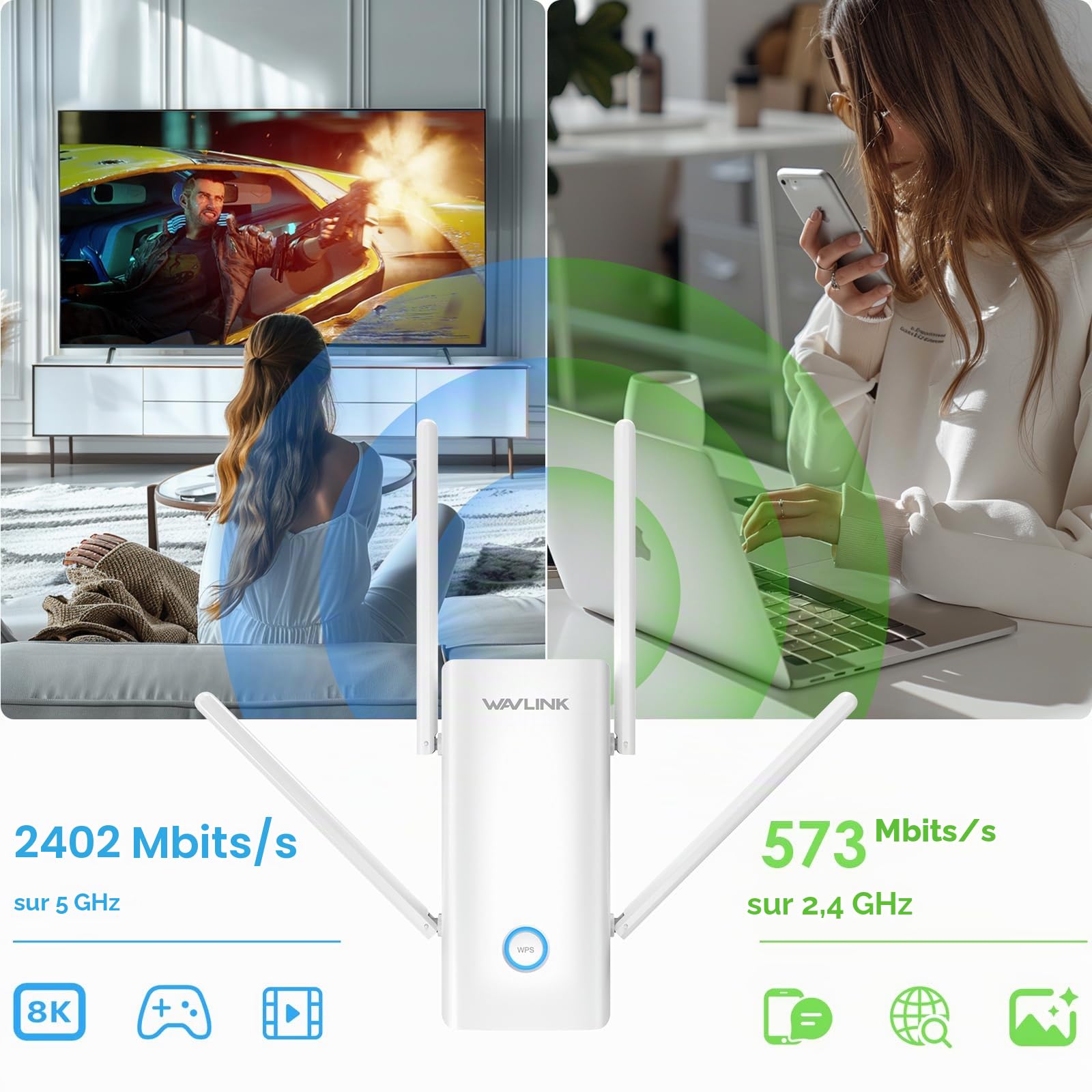 WAVLINK AX3000 Double Bande Wi-FI 6 Range Extender, amplificateur WiFi Extender, répéteur WiFi avec Port Gigabit, 4 antennes 5 dBi, Prend en Charge Le Mode répéteur/AP/routeur/Maille, Installation
