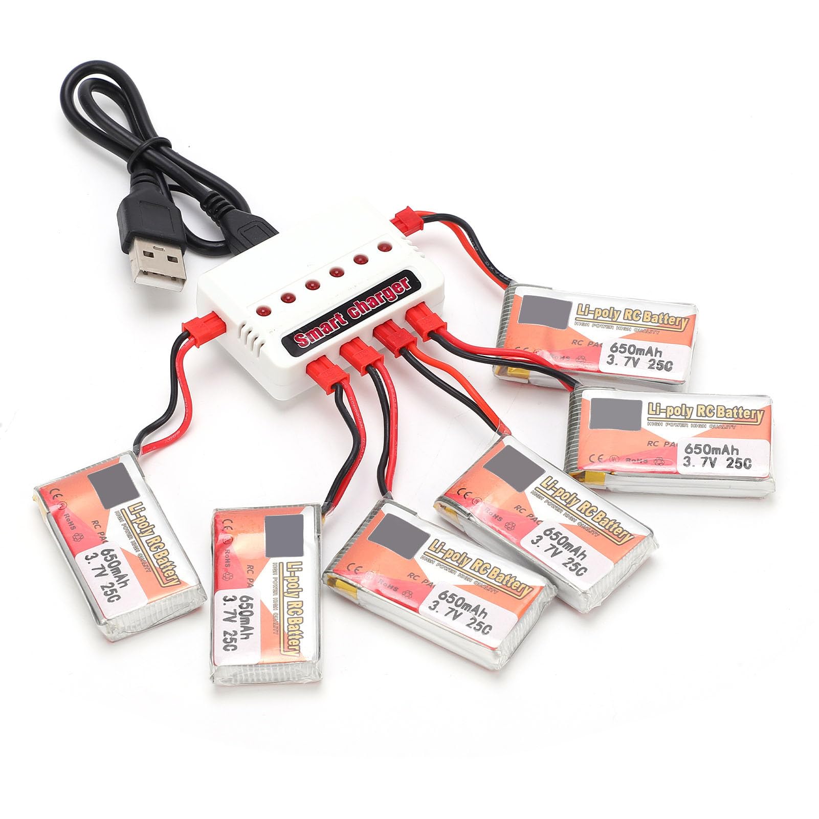 6 uds 3,7 V 650mAh batería Lipo recargable enchufe JST cargador 6 en 1 RC coche barco aviones