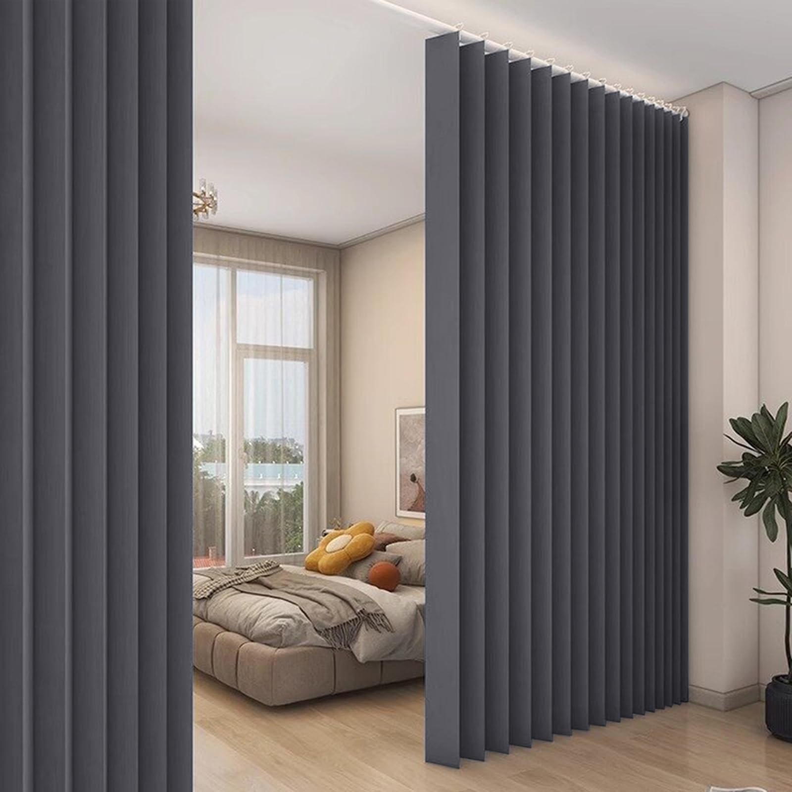 100"x96" Extra Large Blackout Room Divider Curtain,Waterproof Indoor/Outdoor Vertical Drapes for Bedroom, Living Room,Cordless Panel Partition with Hooks,Dark Gray