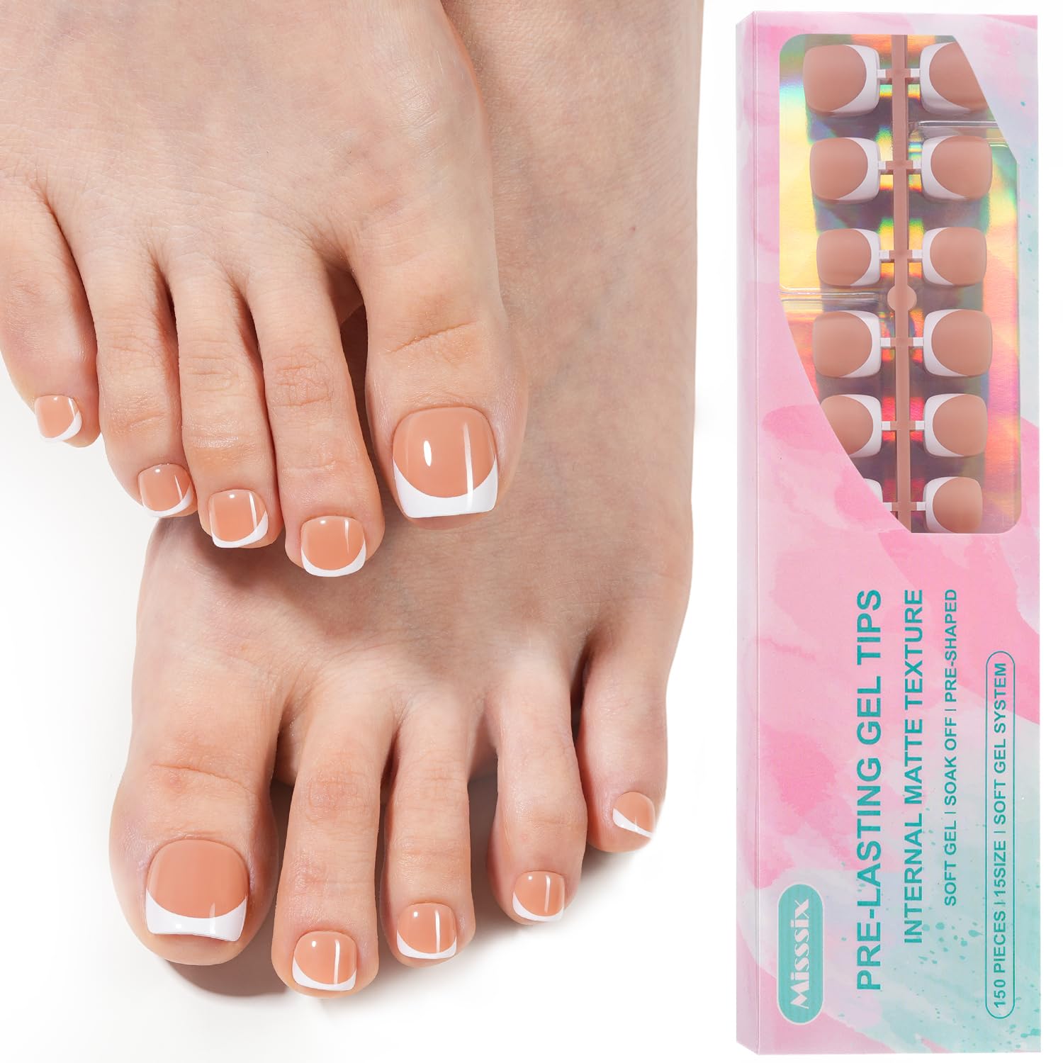 MisssixPress On Toe nails Short, 150Pcs Brown French Toe Nail Tips, Square Soft Gel Fake Toe Nail Tips Extensions for Women Nail Art DIY 15 Sizes