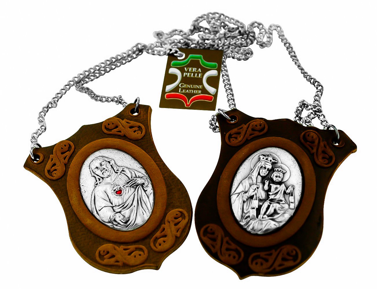 Religious Gifts Leather Catholic Scapular | Genuine Italian Leather and Silver-Tone Metal Insets | Sacred Heart and Our Lady of Mt Carmel | Christian Jewelry | Great Catholic for Confirmation, Leather