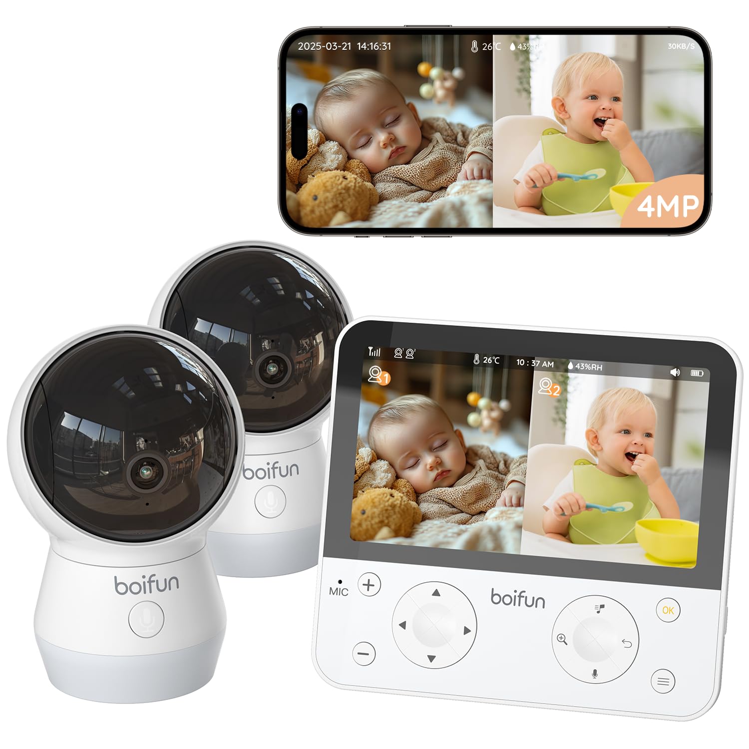 BOIFUN 4MP Babyphone mit 2 Kameras App, Split-Screen-Ansicht, KI/Weinen/Bewegungs/Geräuscherkennung, Intelligente Nachtsicht, Automatische Verfolgung, PTZ 345°/65°, 5.5" Video Babyfon WLAN