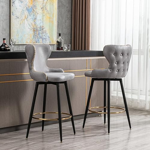 Kiztir Bar Stools Set of 2, Bar Height Chairs with Gold Nailhead Trim, Swivel Bar Stools for Kitchen, Cafe Dinner, Pub (Light Grey)