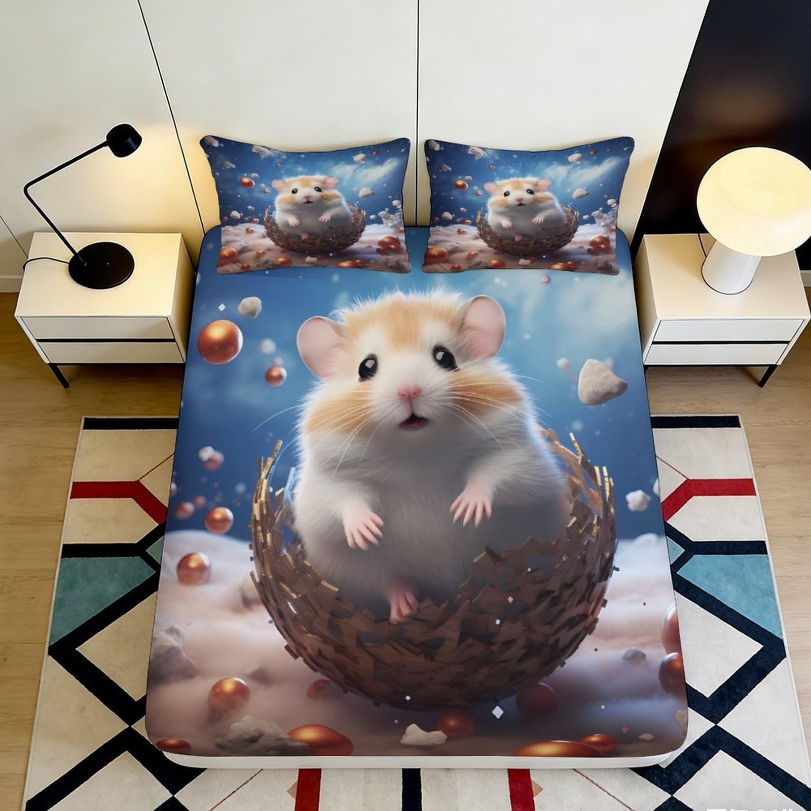 3D Printed Cute Hamster Fitted Sheet Microfiber Soft Anti-Slip Cartoon Animal Mattress Cover Bedroom Decor 90x200x25cm