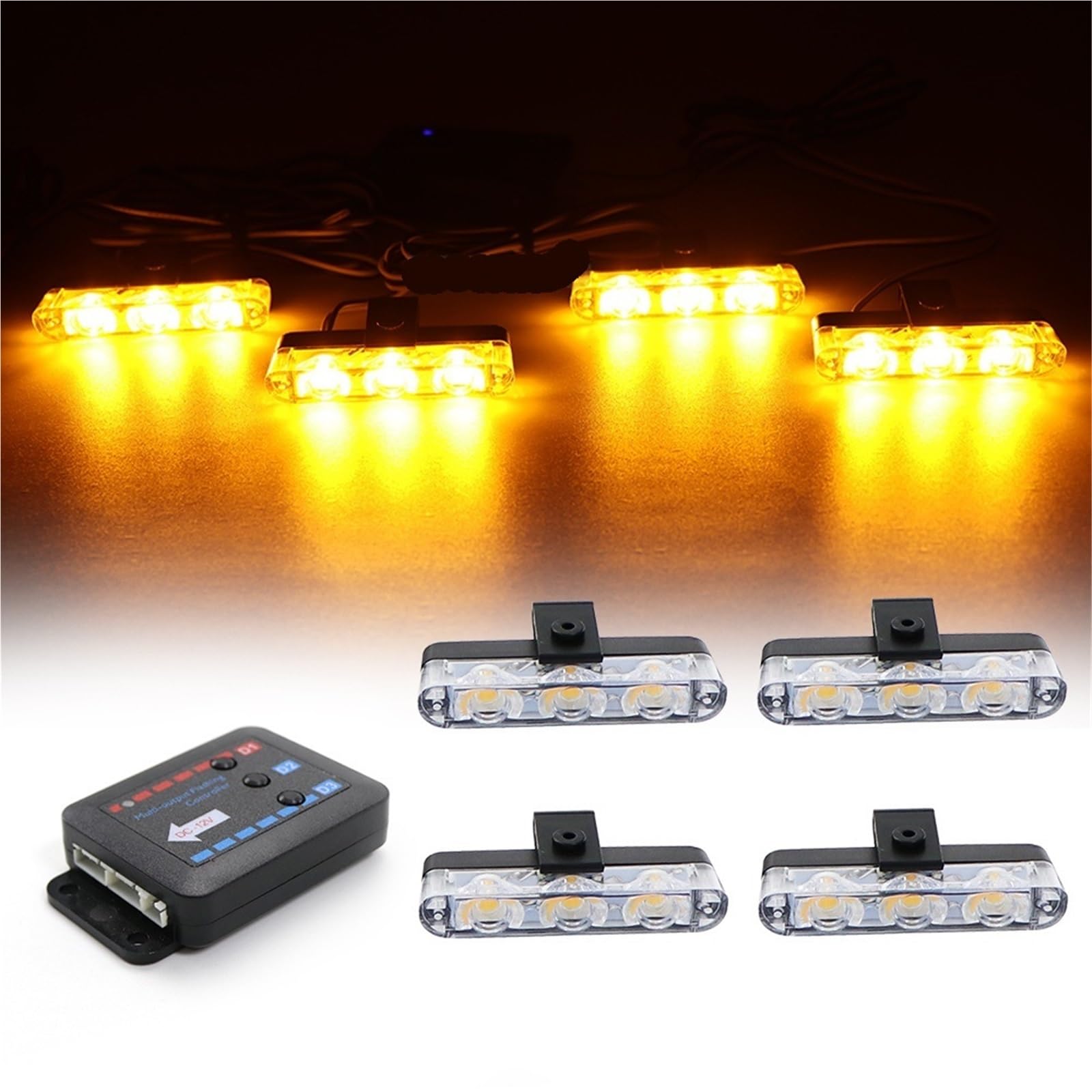4 luces estroboscópicas LED for coche con 3 LED cada una, rojas, azules y amarillas, for emergencias, señalización intermitente, for bomberos, policía, baliza, luz de advertencia, 12 V(Yellow)