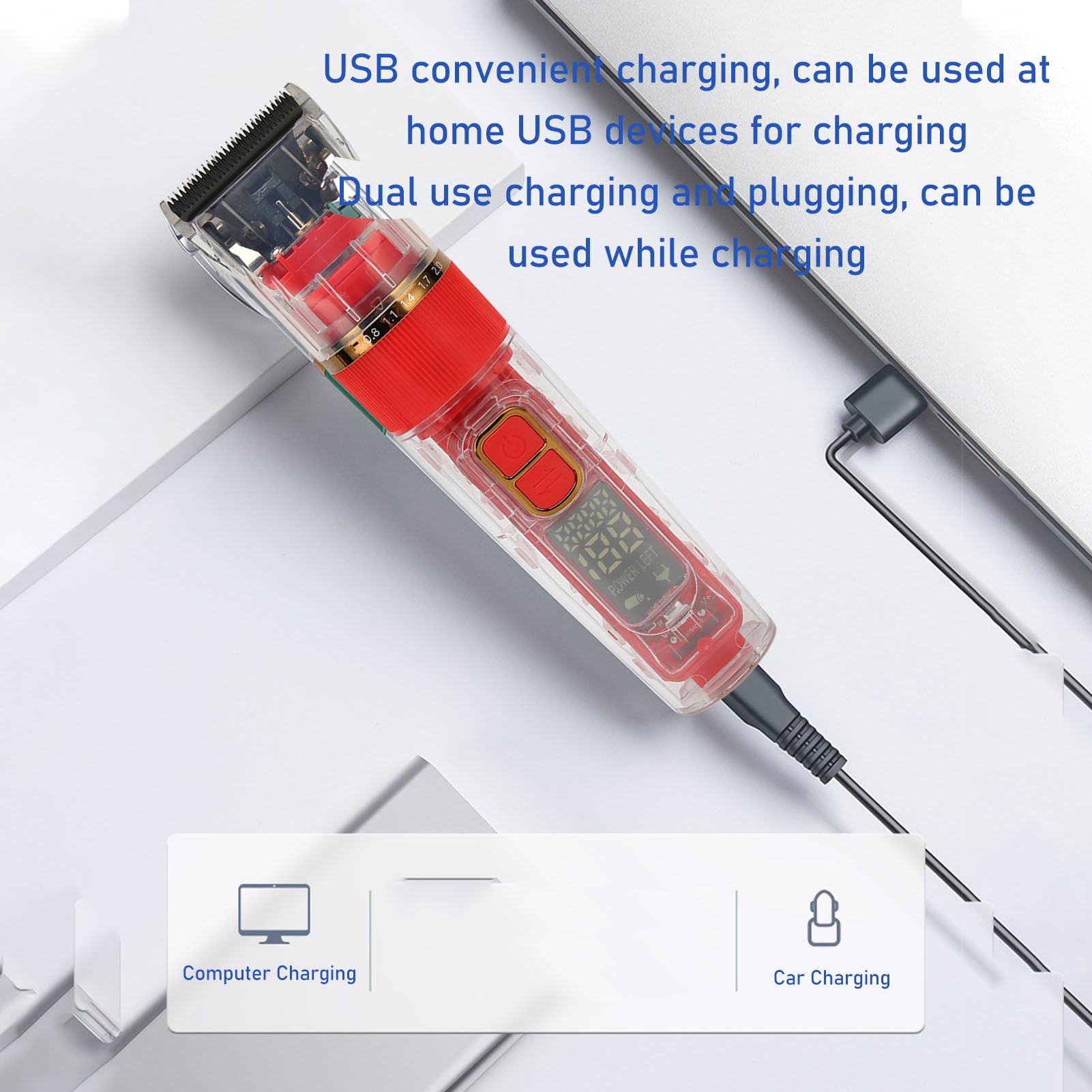 Gavigain Rechargeable Pet Grooming Clippers, 3 Speed Adjustable, USB Charging, LED Display, Professional Dog and Cat Hair Trimmer with Accessories (Red)