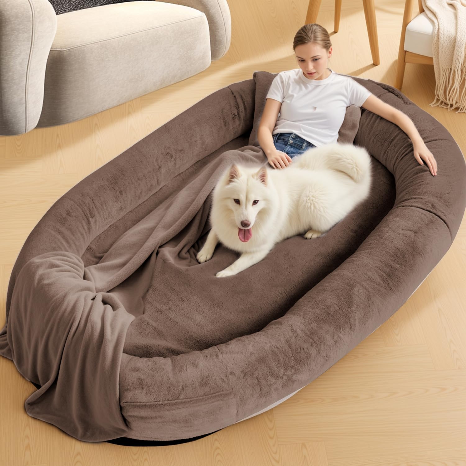 Human Dog Bed,71"x45"x14" Human Sized for Adult People Fits Pets, Washable Faux Fur Orthopedic Dog Bean Bed with Storage Pocket, Brown