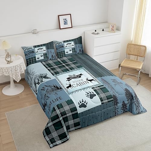 Miniatura 3 de Manfei Rutic Farmhouse - Juego de edredón tamaño King, juego de ropa de cama de retazos de madera a cuadros de ciervo, oso, árbol, 3 piezas para