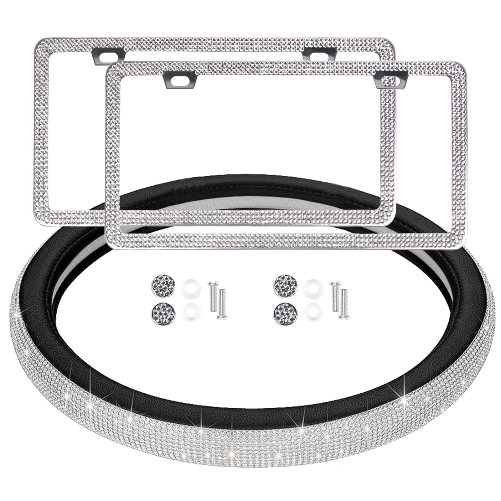 FUN LAVIE 3 PCS Bling Steering Wheel Cover License Plate Frames Rhinestone Car Accessories Set for Women