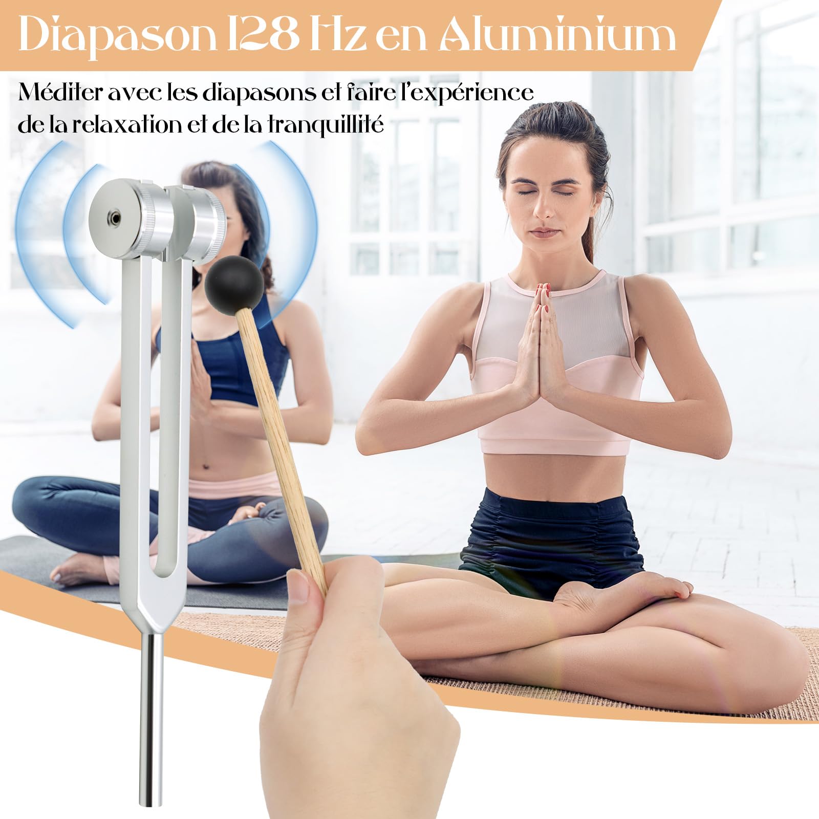 VEGCOO Diapasón Terapéutico, Diapasón 128Hz Aluminio, Cuidado por Vibración Diapasón, Diapasón Ofrece respuesta frecuencia, martillo de silicona, herramienta de reparación, paño de limpieza, bolsa de