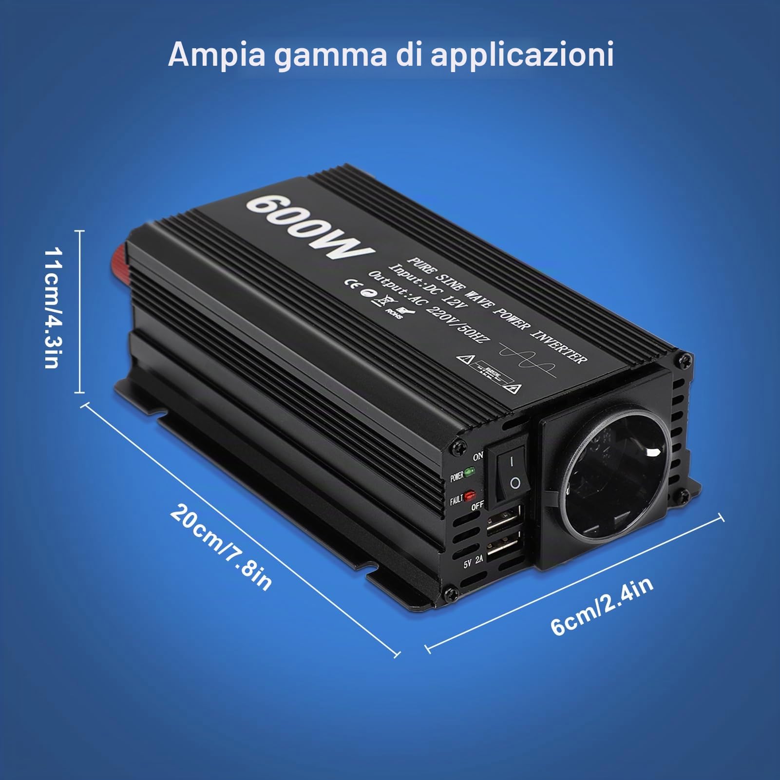 Inverter 12v 220v Onda Pura, 600W Convertitore di Tensione Onda