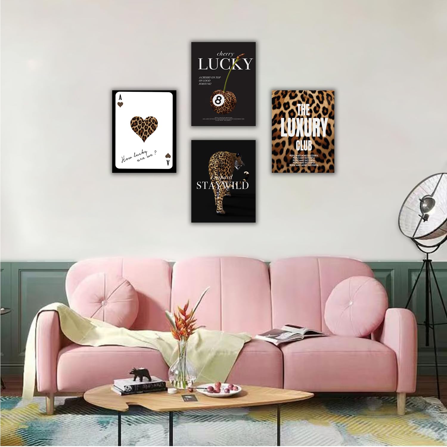 4pcs Fashion Leopard Print Wall Art Stylish Lucky 8 Ball Poster