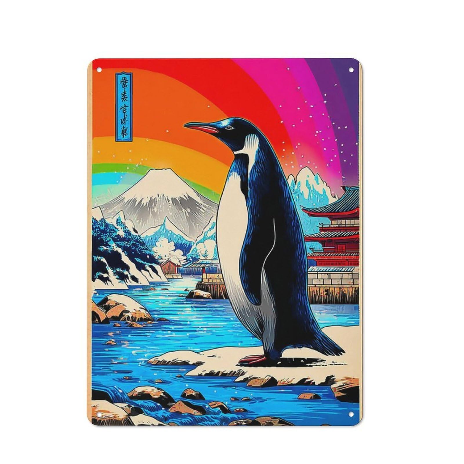 Junmoney Penguin In Japanese Landscape -2 Cottage Style Metal Wall Decor 40X30cm, Farmhouse Metal Sign For Farmhouse Kitchen, Pantry Or Dining Area