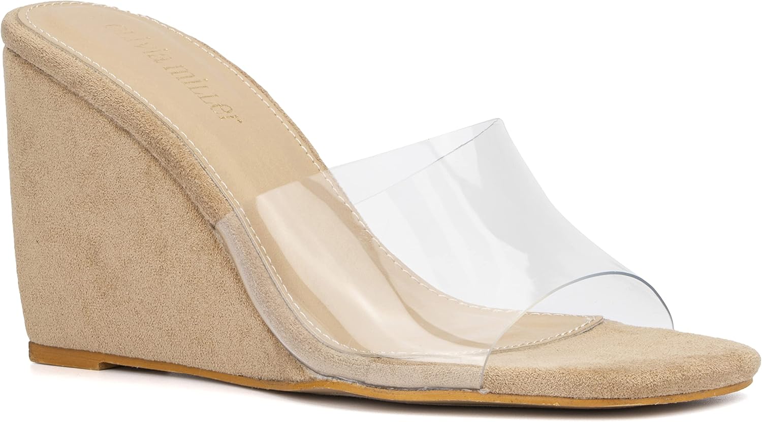 Olivia Miller Women’s Fashion Ladies Shoes, Clear PVC Jelly & Beige Nude Wedges, Trendy Party Slide On Single Band Open Square Toe 3.5 Inch Mid High Chunky Platform Fashion Heeled Sandals