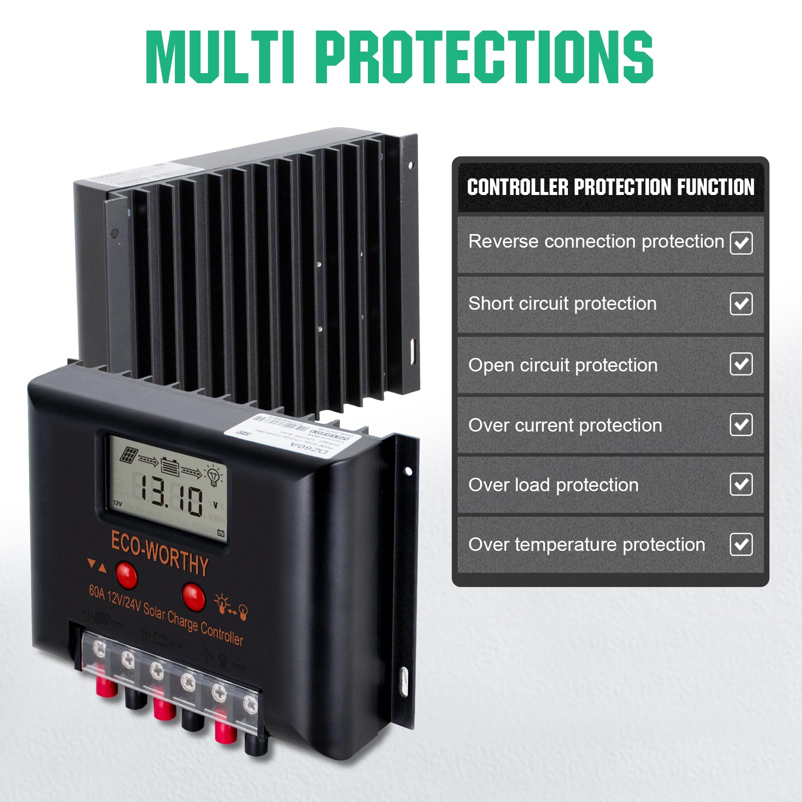 ECO-WORTHY Regolatore di carica solare 12 V/24 V 60 A con display LCD per batterie SALE/GELLI/FLD, protezione intelligente del modulo multi-carico max. 2000 W per camper / casa/fattoria