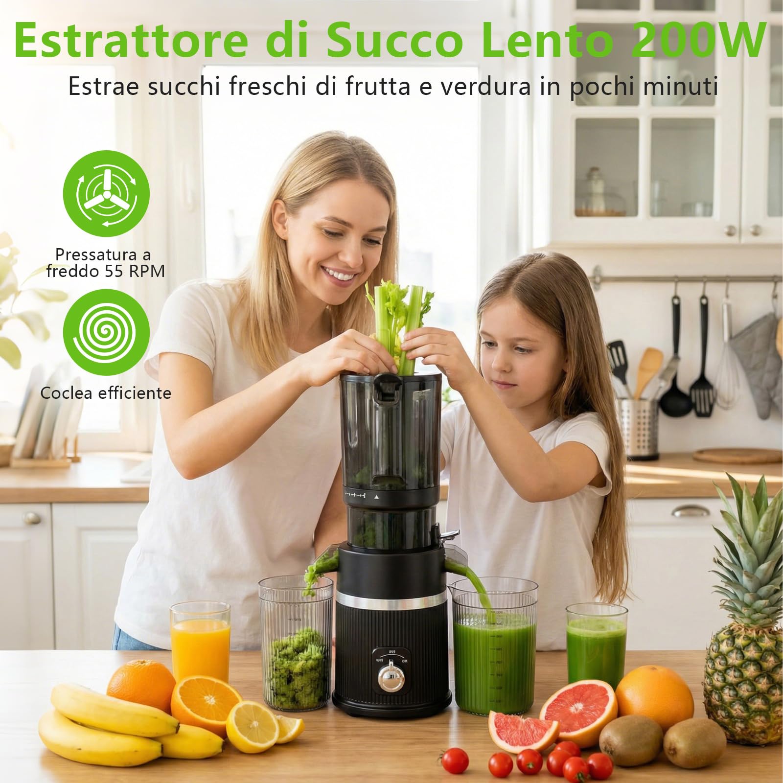Estrattore Frutta e Verdura,Slow Juicer con Ampio Bocca da 112MM, Spremiagrumi Elettrico Professionale 200W con Funzione di Inversione,per Frutta e Verdura Intere,BPA Free, Estrattore di Succo