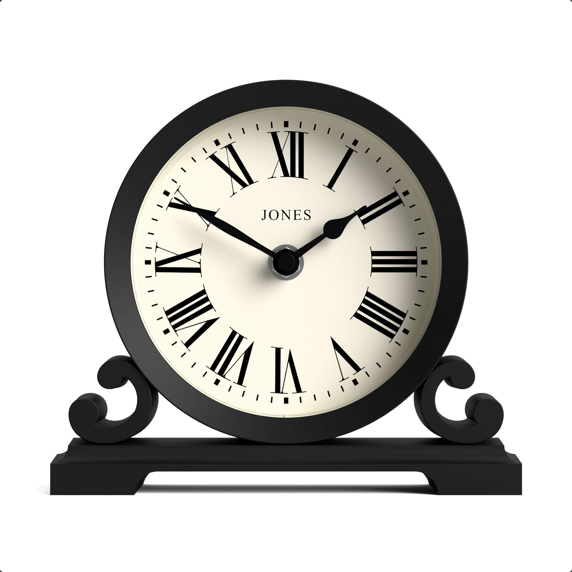 Jones Clocks® Saloon mantel clock | Small traditional double scroll design | Black | Roman numerals | Classic style for desk, table, shelf or bedside