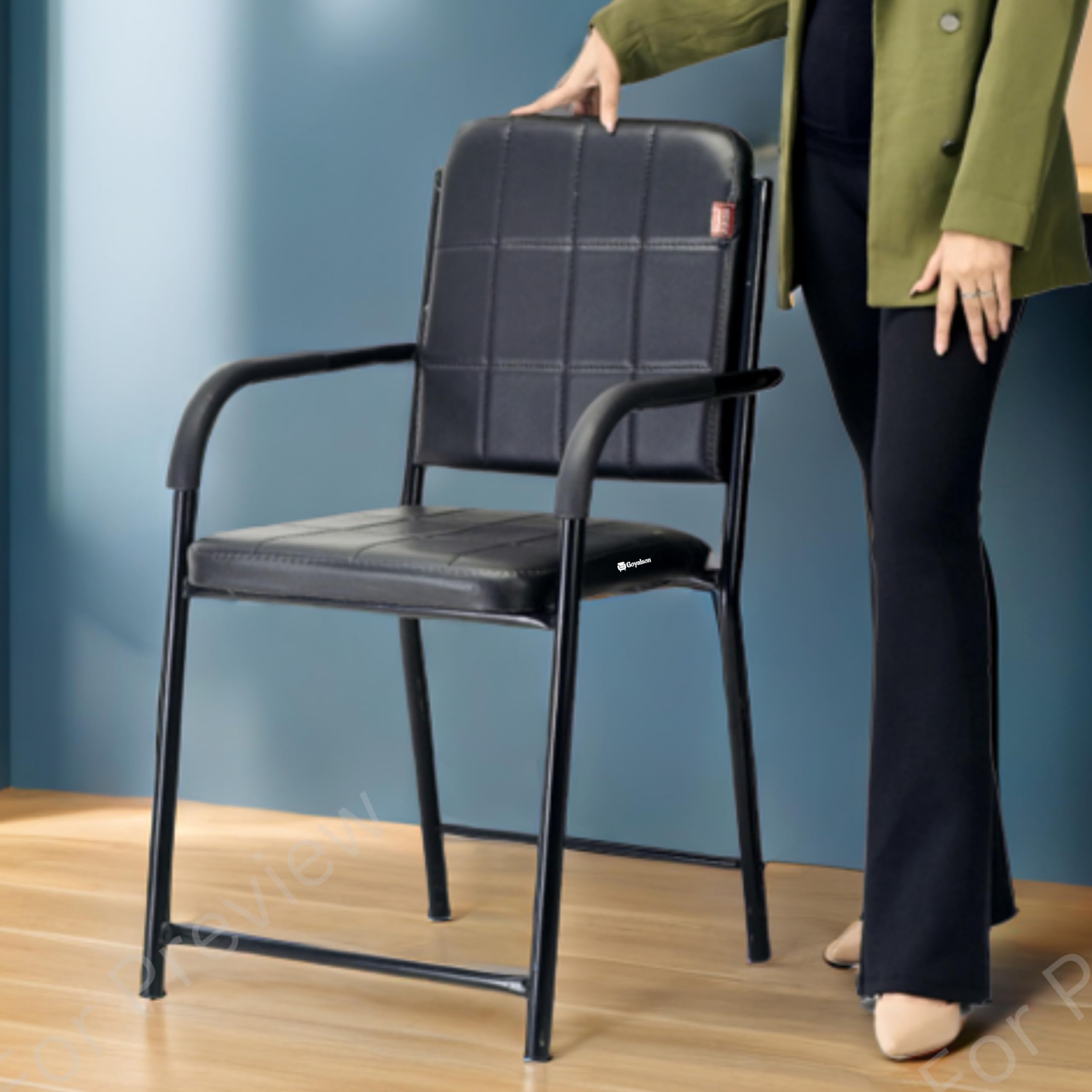 RATISON Chair Office Study Computer Library Visitor with Arm Rest with Iron Frame and Cushion Seat Back, Chair Without Wheels - Black
