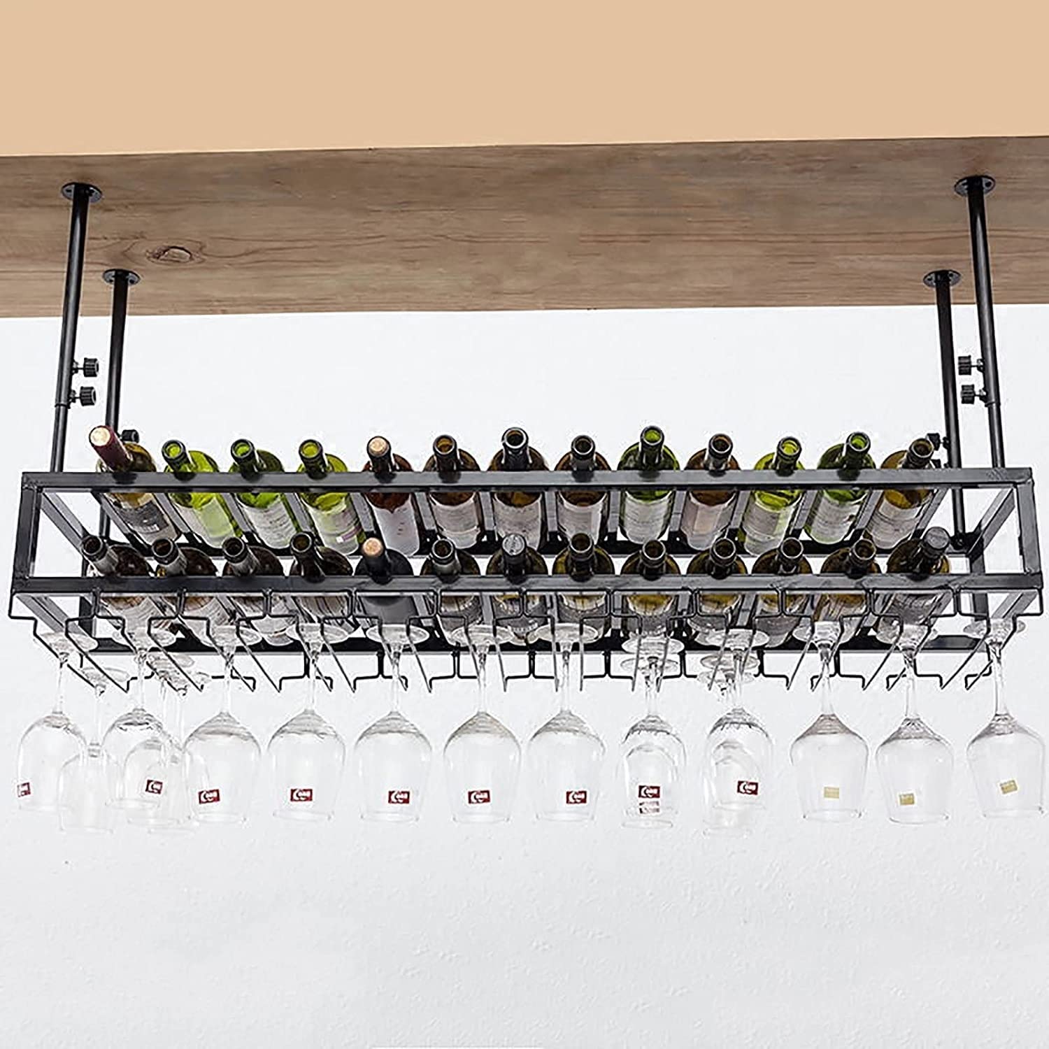 Casier à vin au plafond réglable en métal noir avec support à verre suspendu pour cuisine