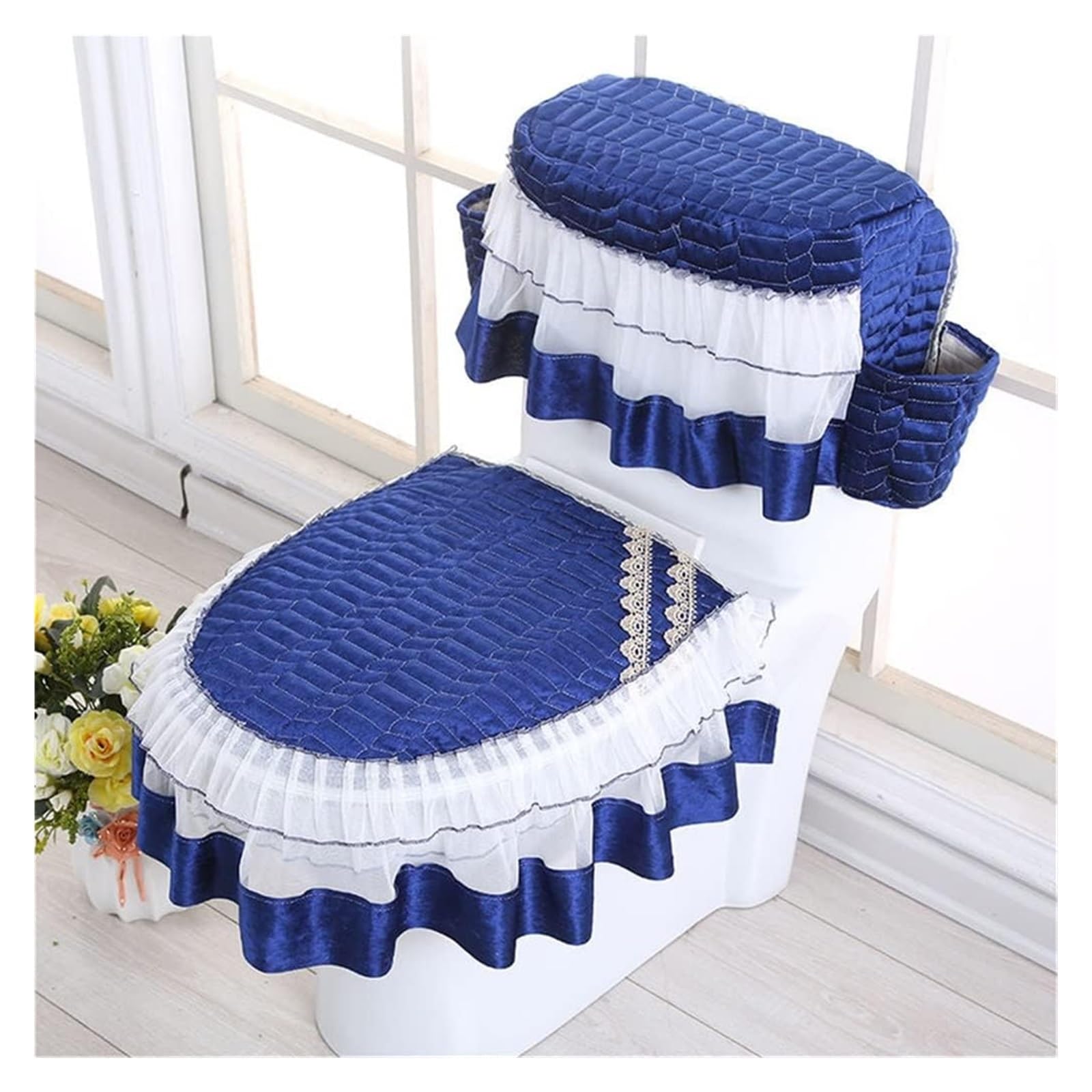 Kfgisd Dark Blue Cushionhome Decor Set Cover With Pocket Fabric Lace Bathroom Mat Winter Warm Cover Bathroom Decoration ，Toilet Seat Covers(Dark Blue)
