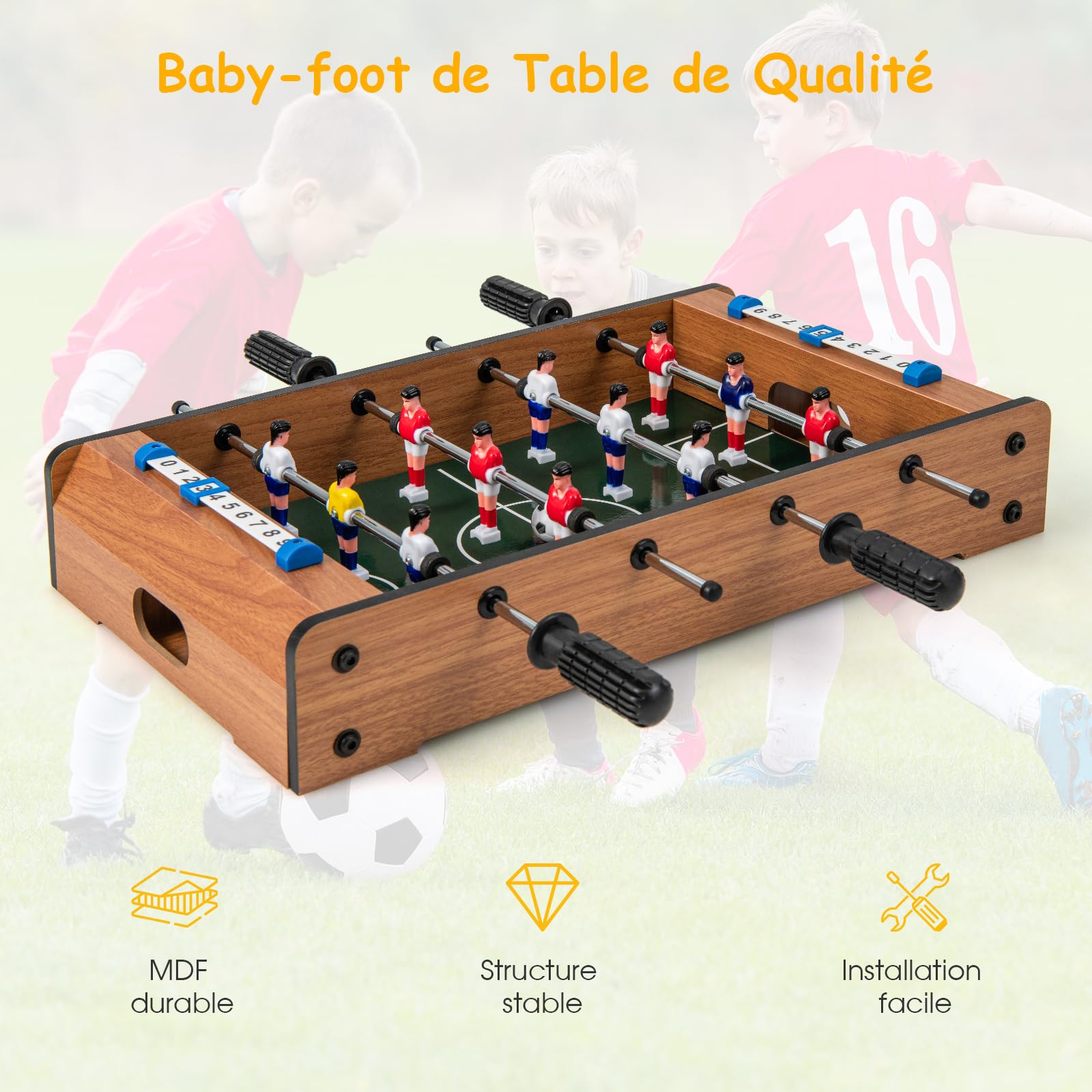 COSTWAY Baby-Foot en Bois avec Poignée Durable, Table de Jeu avec 2 Ballons, Coins Arrondis, Jouets pour Adulte et Enfant pour Fête, Bar, Salle de Jeux, 51 x 30,5 x 9 cm