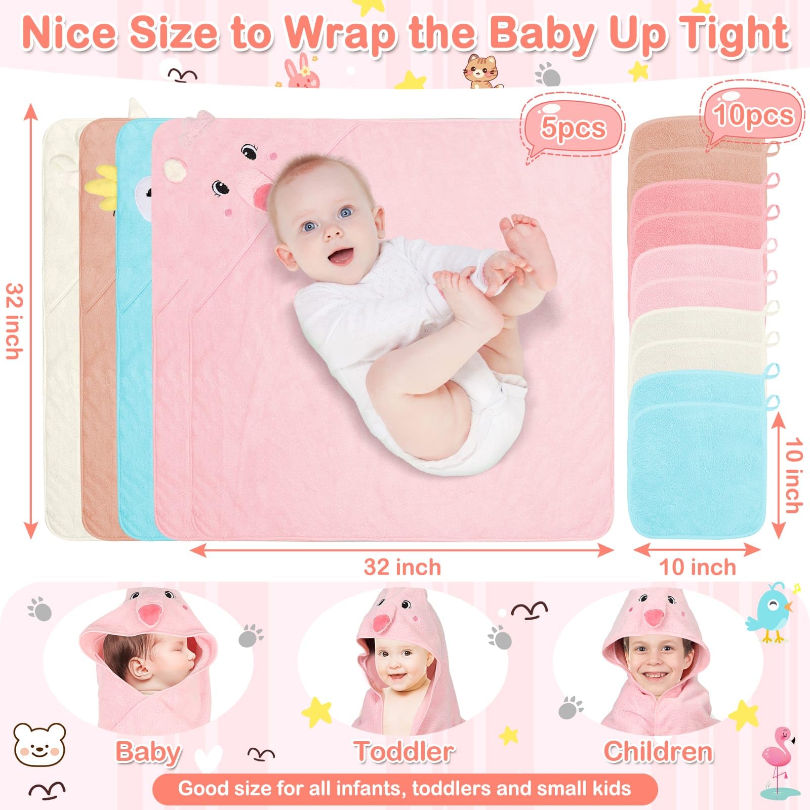 Babyhandtücher mit Kapuze, 5 Stück, weiche Baby-Badetücher mit Kapuze für Babys, 10 Stück Baby-Waschlappen für Neugeborene, Kleinkinder und Kinder, ultra saugfähig, beste Geschenke für Jungen und