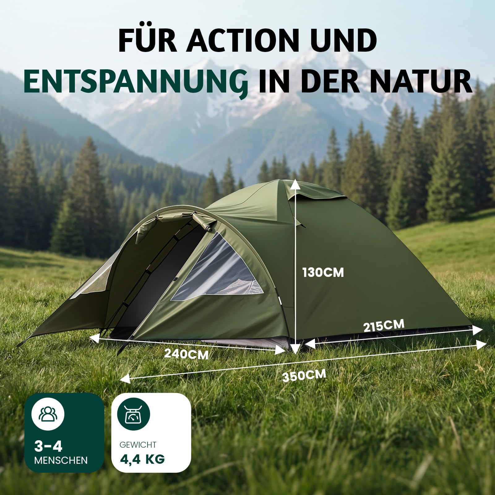 Camping Zelt 4 Personen mit Vorzelt Familienzelt Wasserdicht PU4000 UV-Schutz, Ultraleicht Campingzelt doppelwandig Vorraum Kuppelzelt mit Lüftungshutzen, Moskitonetz für Outdoor, Reise, Angeln