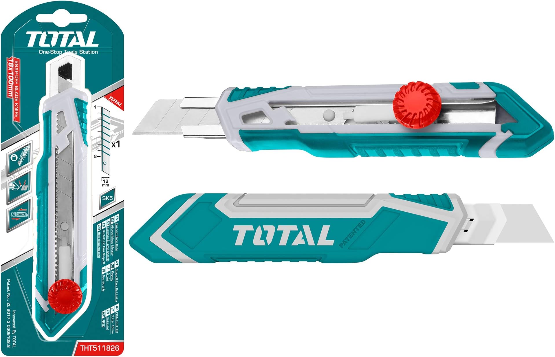 MR LIGHT TOTAL Total Snap-Off Blade Knife 173mm, 18x100mm Blade, with Round Push Stopper (Silver, Large)