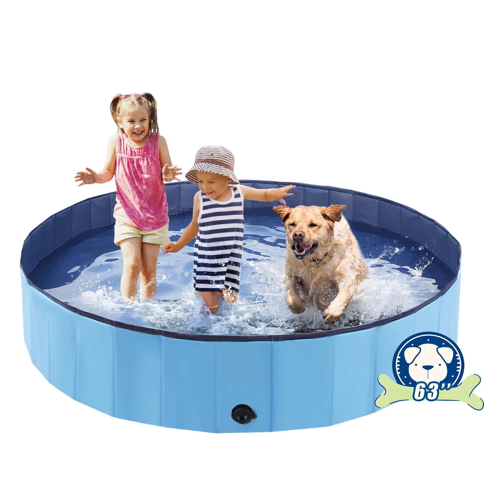 Foldable Dog Bath Swimming Pool 63'' Plastic Kiddie Pool Professional Tub Collapsible Grooming Bathtub for Pets Kids Baby and Toddler, 63 x 12 Inches Blue