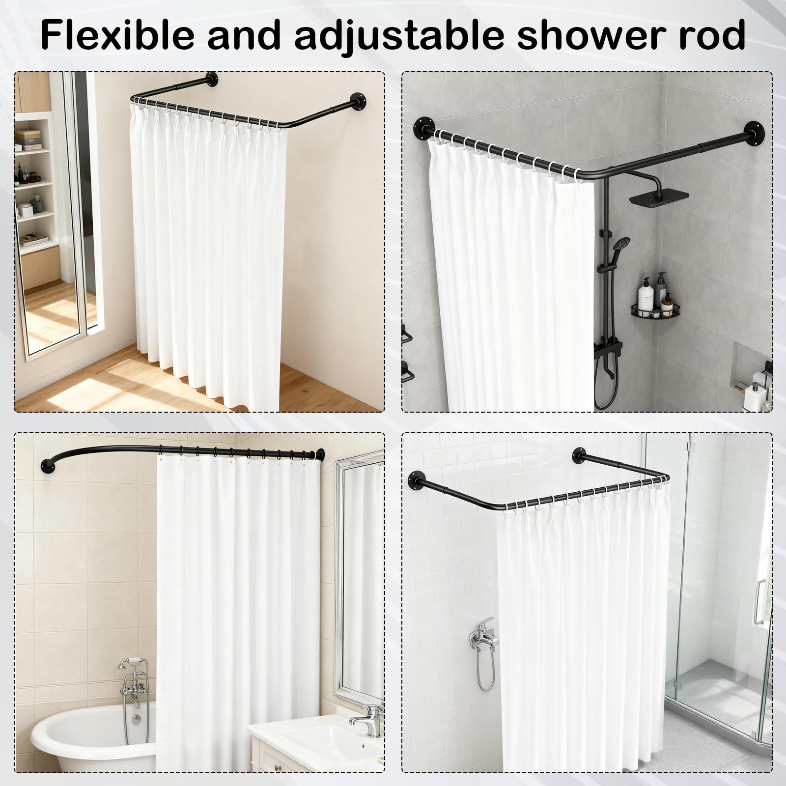 Barra De Ducha, Forma De U Barra De Ducha Ajustable Para Cortina De Duchas 70-95 Cm Barras De Duchas Para BañEra Sin Taladro Soporte Negro Para Cortina De Ducha Montaje En Techo