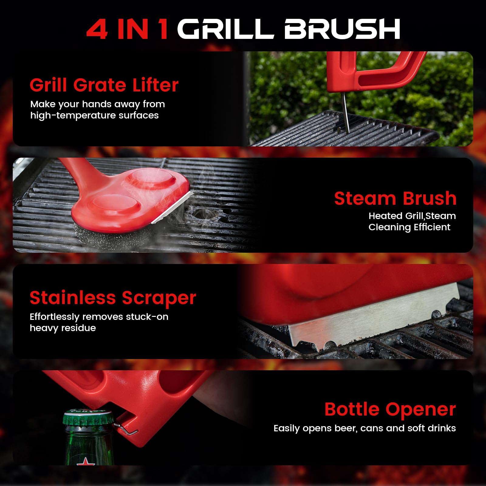 Spazzola per griglia a doppia testa, per barbecue con raschietto e apribottiglie, spazzola per barbecue senza setole con manico extra lungo, accessori per la pulizia a vapore per griglie per