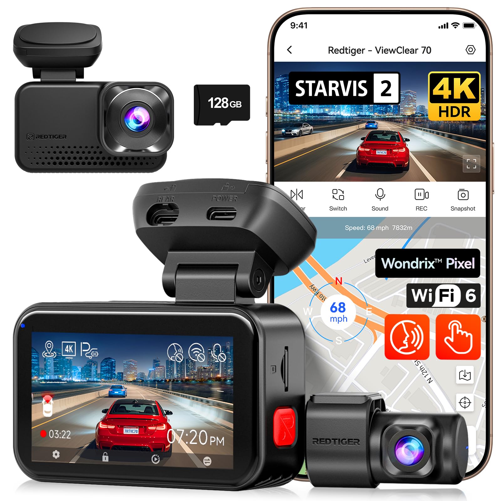 REDTIGER ViewClear 70 4K+2.5K Dash Cam Front and Rear, STARVIS 2 IMX678 x Noctura™ Sensor, Dual HDR Hyper Night Clarity, 5.8GHz WiFi 6, 30MB/S Fast Download, Dash Camera with 24H Parking Mon