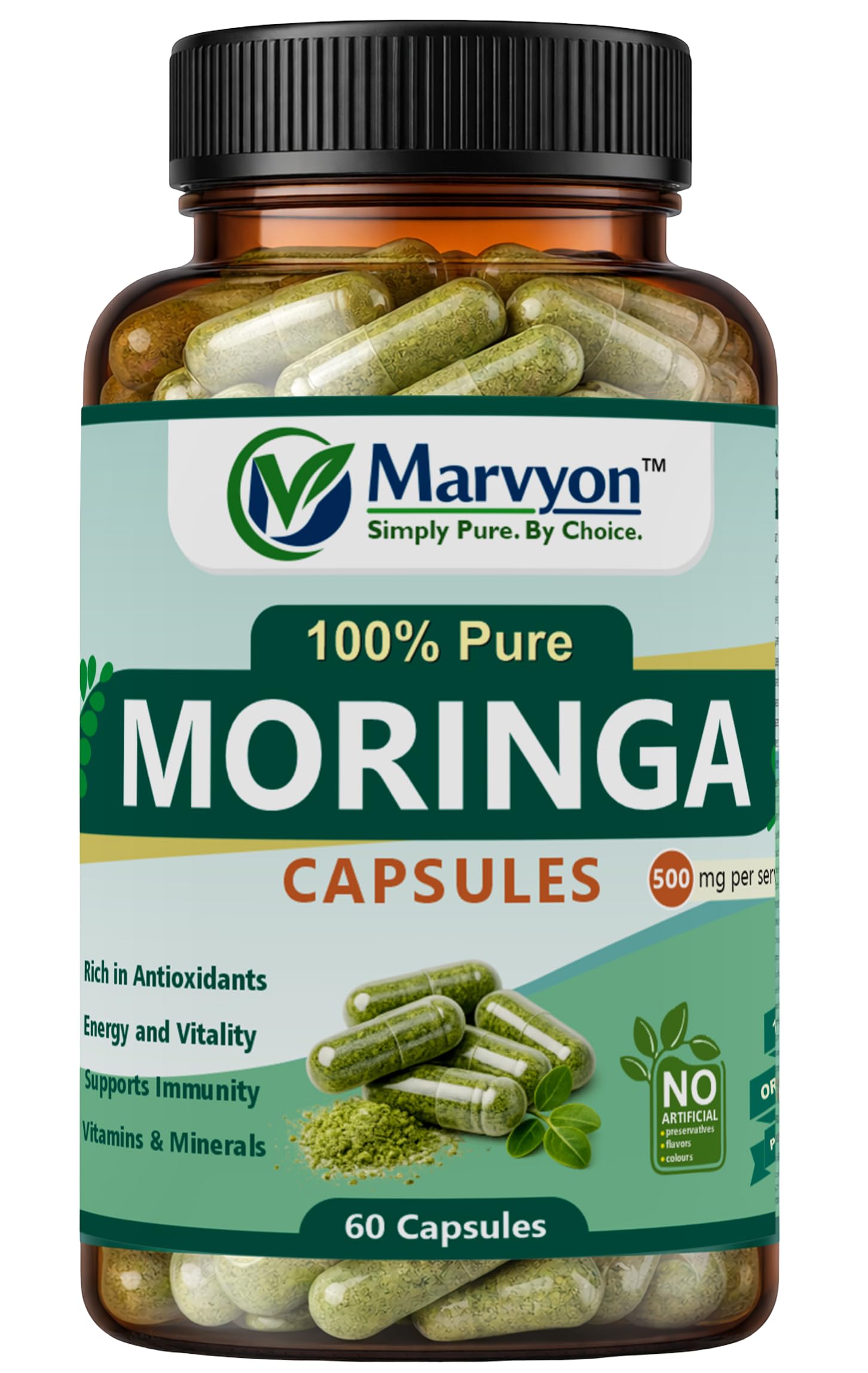 Moringa Vegan Capsules 500mg tablet, 60 Capsules, Rich anti-oxidant source with Vitmin A, B1, B2 with Magnesium and Potassium | Boost Heart and Brain Health-image-47
