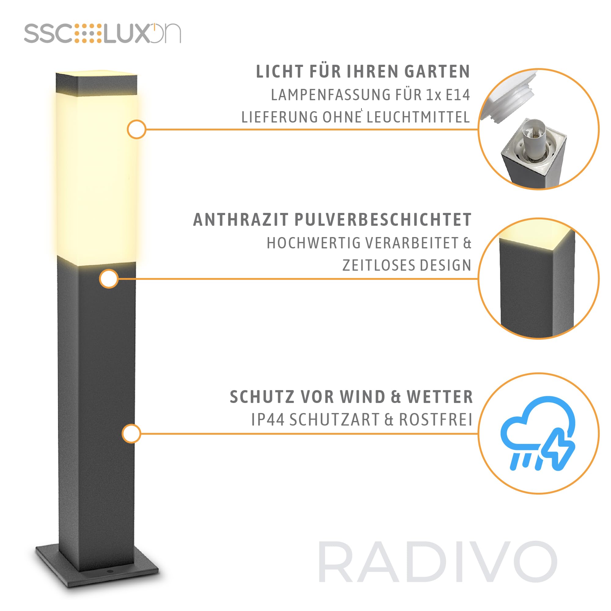 SSC-LUXon 4 Stück RADIVO Wegeleuchte Pollerleuchte Außen anthrazit mit E14 Fassung - Sockelleuchte Außenbereich IP44 Schutzart