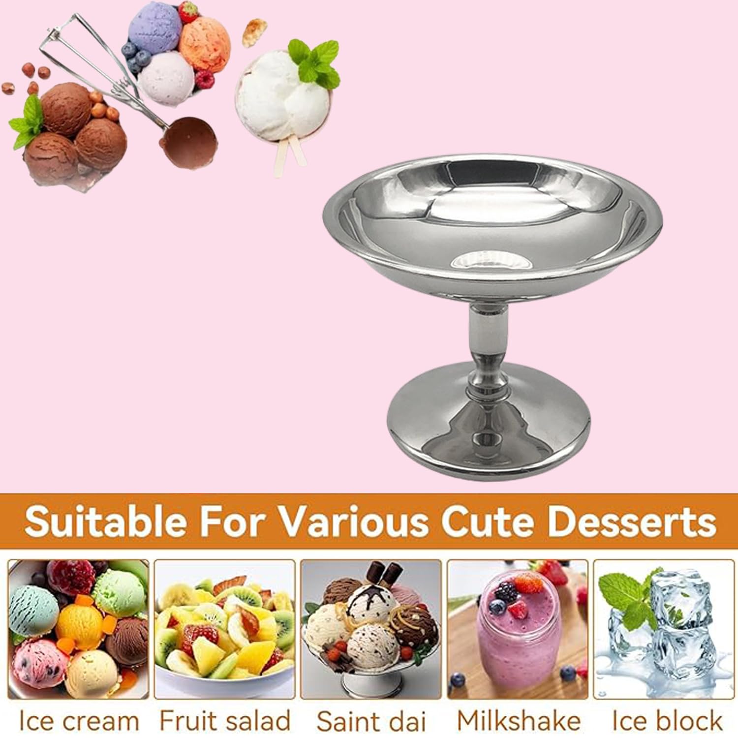 2 Piezas Tazas De Helado De Acero, Vaso Para Helado Acero Inoxidable, Postre Reutilizables De Acero Inoxidable, Copas De Helado, Aceros Inoxidables Para Helado Cuencos Para Helados y Yogures