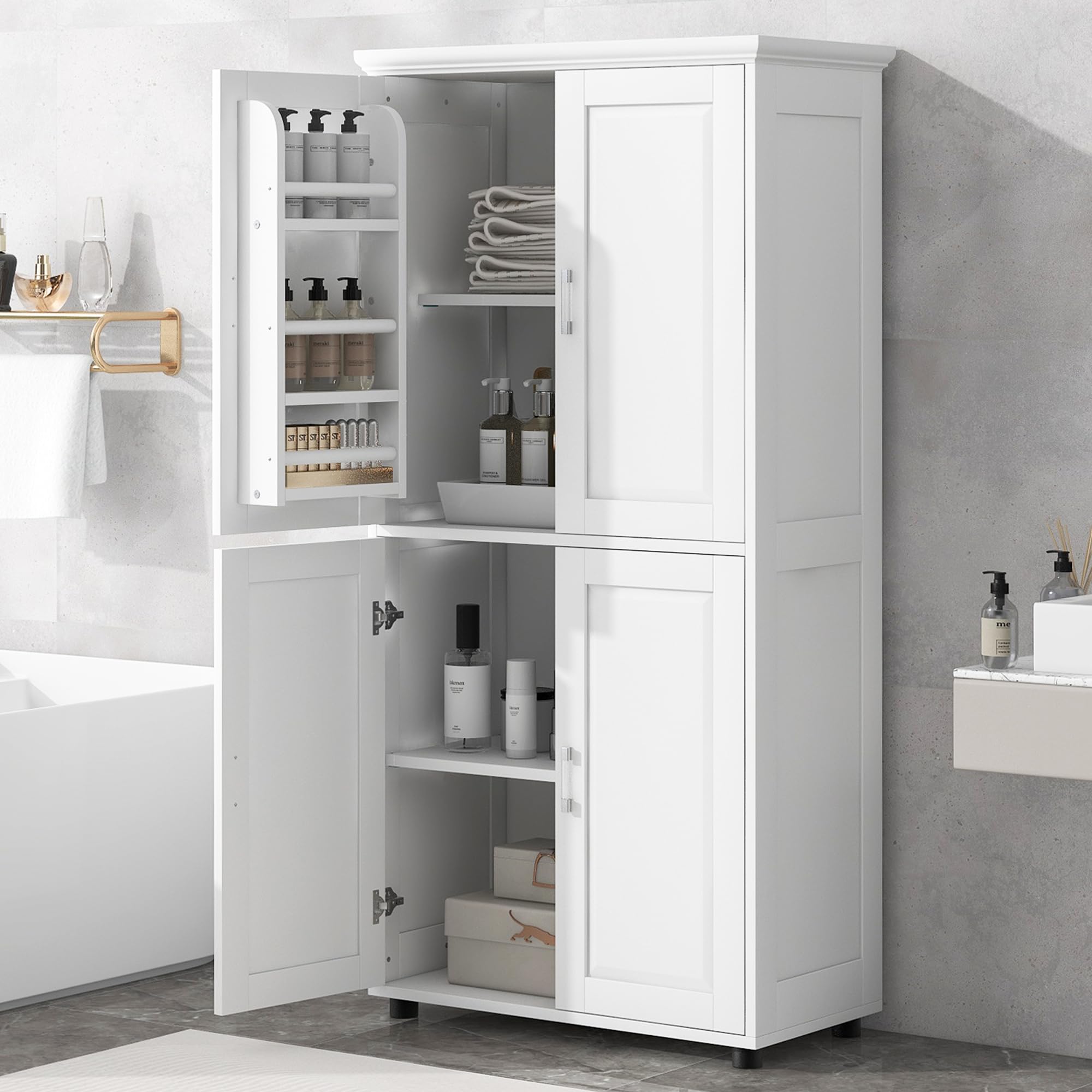Tall & Wide Bathroom Storage Cabinet, Freestanding 4-Door Unit with Adjustable Shelves, White| Bathroom Organizer | Wall Mountable