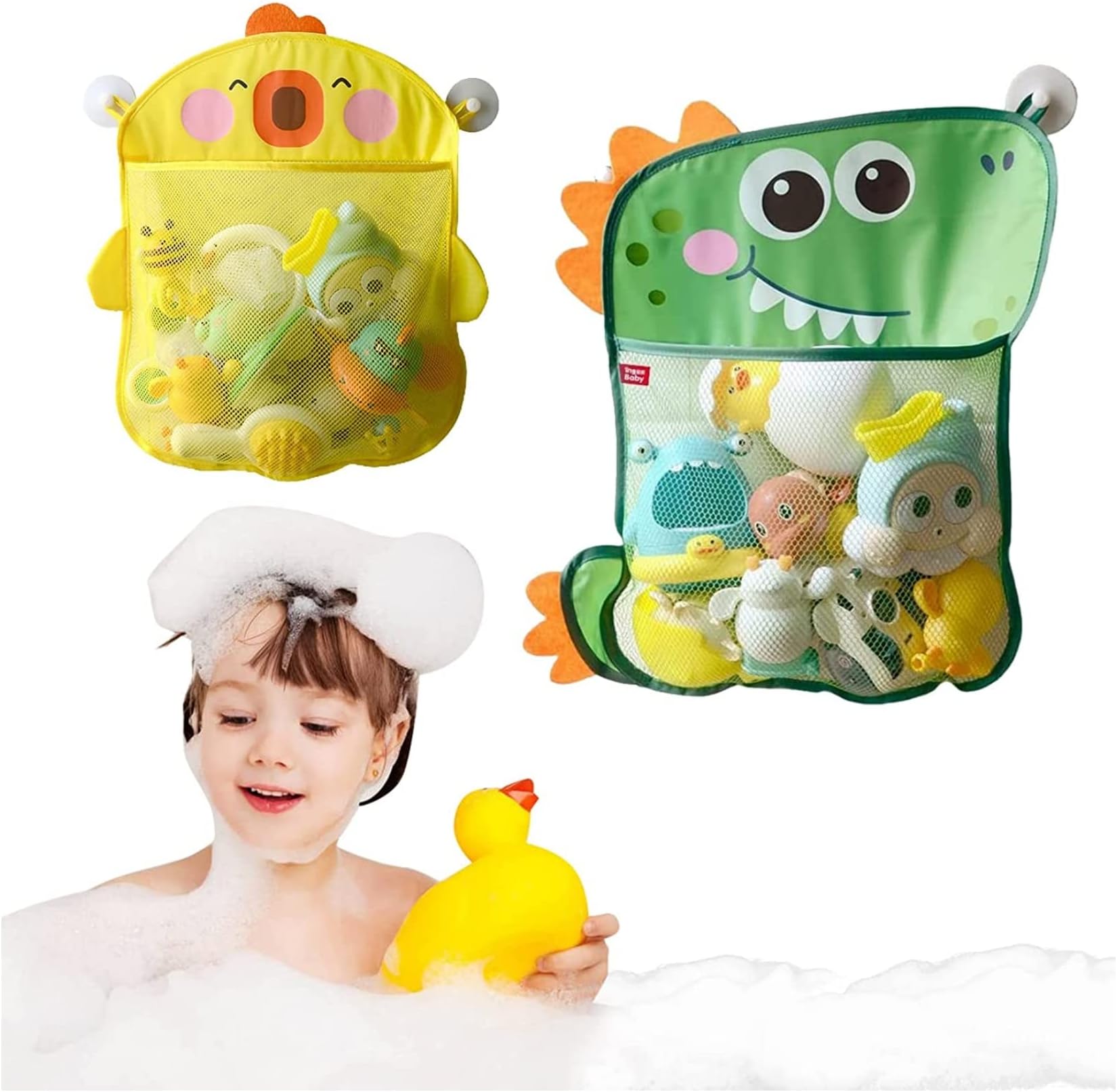 PYEBE 2 Pack Mesh Bath Toy Organizer, Duck & Dinosaur Extra Bath Toy Storage Net & 8 Strong Hooks, Cute Toy Organizer and Shower Caddy Solution for Kids & Bath Toys for Toddlers 1-3