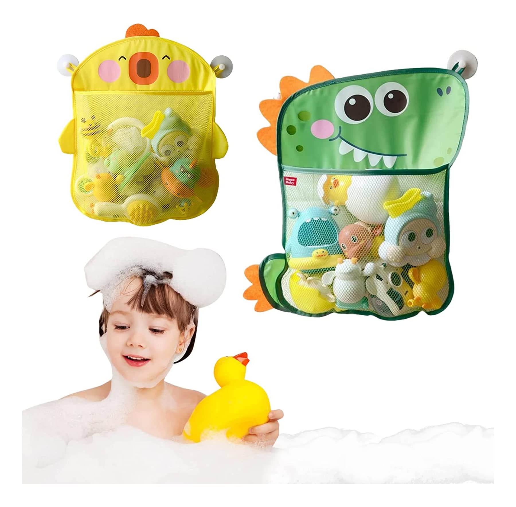 PYEBE 2 Pack Mesh Bath Toy Organizer, Duck & Dinosaur Extra Bath Toy Storage Net & 8 Strong Hooks, Cute Toy Organizer and Shower Caddy Solution for Kids & Bath Toys for Toddlers 1-3