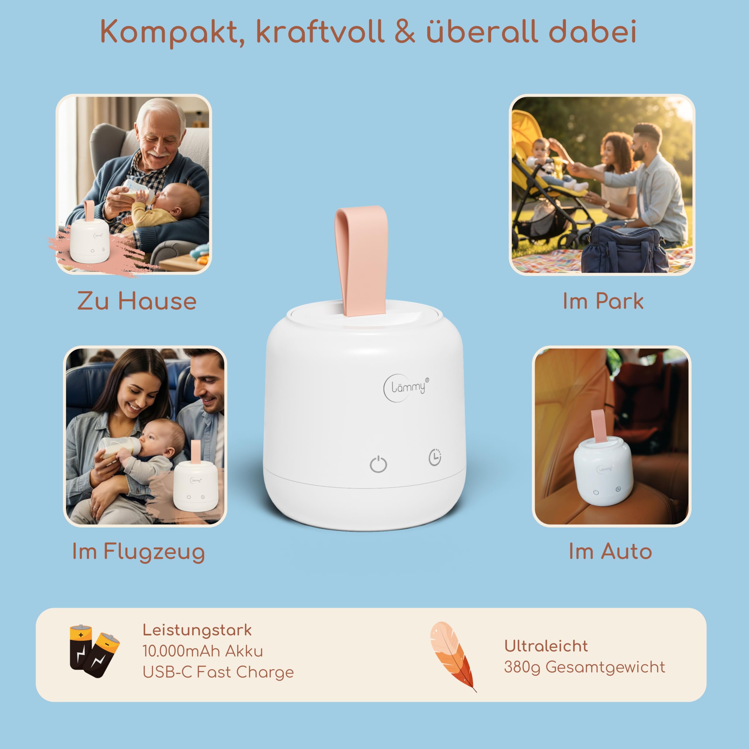 Flaschenwärmer Baby unterwegs – akkubetriebener, tragbarer babyflaschen wärmer to go – temperaturgenau, auslaufsicher und kompakt – passt auf alle Babyflaschen – USB baby bottle warmer